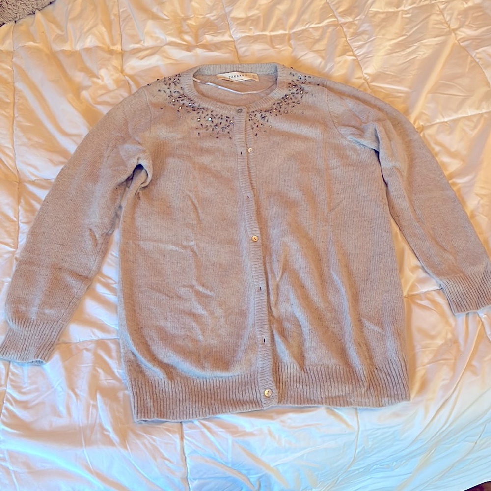 Beaded angora mix cardigan size large light grey
